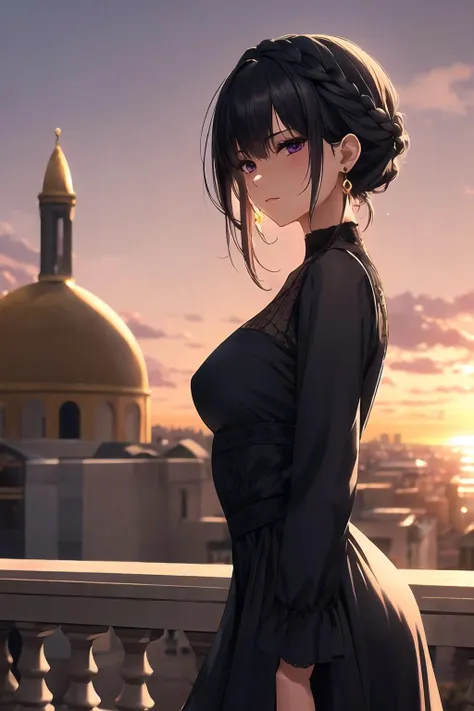 masterpiece, best quality, from side, cowboy shot, byzantine style,
1girl, solo, black hair, crown braid, purple eyes,
looking at viewer, medium breasts, decorated dress, long sleeves, earrings,
outdoors, byzantine architecture,
intense shadow, sidelighting, sunset,
<lora:style_piromizu:1>
