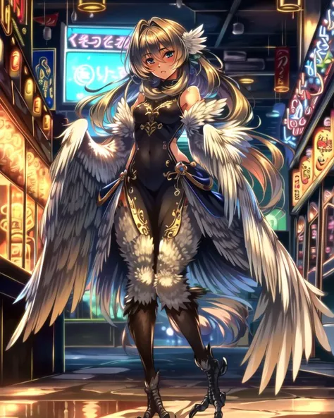 ((best quality)), ((highly detailed)), masterpiece, detailed face, beautiful face, (detailed eyes, deep eyes), (1girl), full body, <lora:aiomonstergirls_loraLocon:.4>, <lora:animeHarpy_v10:1>, (harpy), bird wings, bird legs, claws, bird tail, (inside, in an arcade), <lora:style_piromizu:1.4>