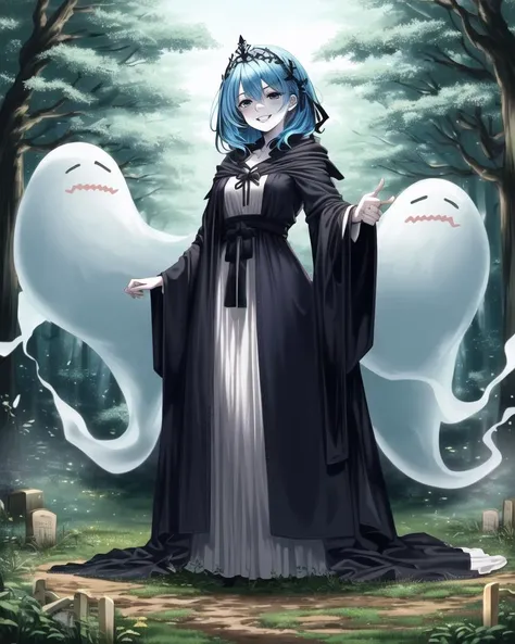 ((best quality)), ((highly detailed)), masterpiece, (detailed eyes, deep eyes), (1girl), full body, ((ghost-girl)), ((undead)), ((pale skin:1.3)), ((powder_blue colored hair:1.3)), (eye bags), (monstergirl), flowing ((black robe)), wide , ((crazy grin)), ((graveyard)), fog, (at a dense forest, forest canopy), <lora:style_piromizu:1.1>