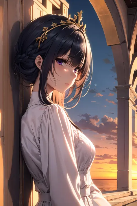 masterpiece, best quality, byzantine style, from side,
1girl, solo, black hair, crown braid, purple eyes,
looking at viewer, medium breasts, decorated dress, long sleeves,
outdoors, byzantine architecture,
intense shadow, sidelighting, sunset,
<lora:style_piromizu:1>