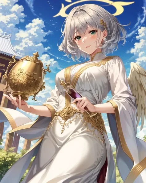 ((best quality)), ((highly detailed)), masterpiece, extremely detailed face, beautiful face, (detailed eyes, deep eyes), (1girl), cowboy shot, ((cherub holding a large golden goblet of wine, short)), angelic, large white wings, symmetrical wings, (halo), golden glow, calm smile, short hair, flowing (white gown), (cross), Ivory white hair, green eyes, (floating hair), (clouds), (at a temple), <lora:style_piromizu:.7>