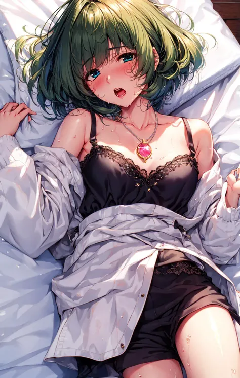 1girl, bangs, bed, bed_sheet, blue_eyes, blush, breasts, brown_hair, cleavage, collarbone, dakimakura_\(medium\), eyebrows_visible_through_hair, green_eyes, heterochromia, jewelry, looking_at_viewer, lying, medium_breasts, mole, mole_under_eye, necklace, on_back, on_bed, open_mouth, short_hair, solo, sweat, takagaki_kaede, underwear <lora:style_piromizu:1>