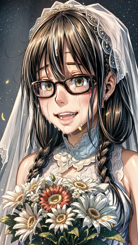 girls just wanna have fun,  BREAK,  <lora:add_detail:0.4>
<lora:177013 - Metamorphosis - Emergence:0.8> twin braids, glasses, black hair, green-brown eyes, happy,  BREAK, 
(((  <lora:Concept_HappyTears:0.4> happy tears, bride, style-bridal, flower bouquet, ))),, masterpiece, best quality, hyperrealistic, extremely detailed, highly quality, 4k, sharp focus, professional photograph, sharp focus, award winning, cinematic lighting, octane render, unreal engine, volumetrics dtx, Wallpaper,