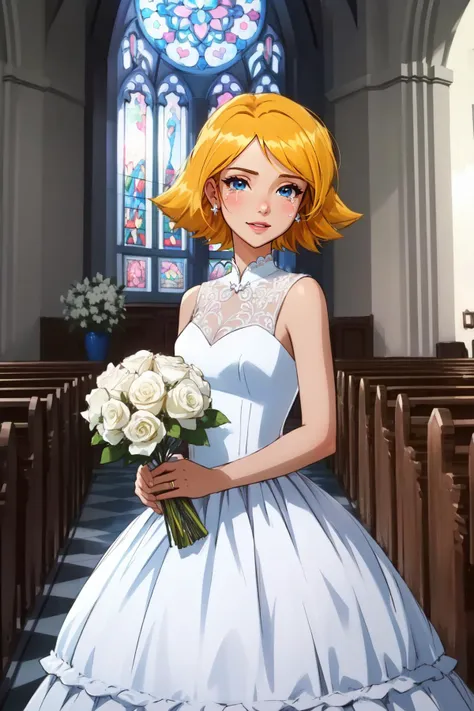 (masterpiece, best quality),  intricate details,
1girl,   <lora:brj-clover-v1:0.8> clover \(totally spies\), blonde hair, short hair, blue eyes, 
 <lora:Concept_HappyTears:0.8> happy tears, wedding dress, indoors, church, holding flowers,