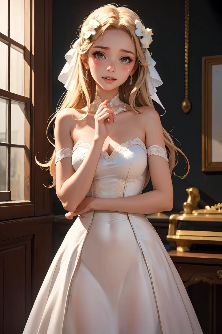 (masterpiece, best quality),1girl, beautiful face, <lora:Concept_HappyTears:1> happy tears, wedding dress,