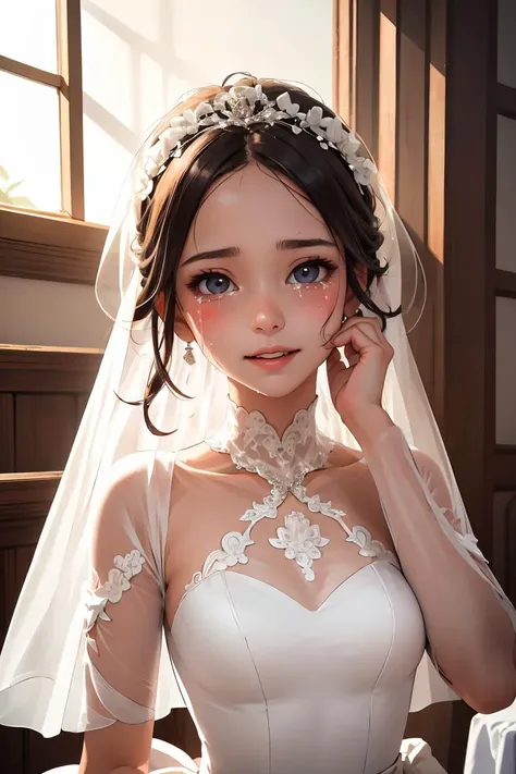 (masterpiece, best quality),1girl, beautiful face,   <lora:Concept_HappyTears:1> happy tears,  wedding dress,  (happy tears), see-through,