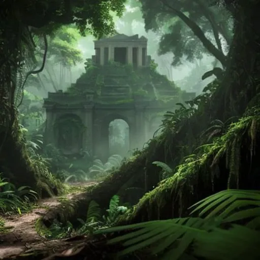 ancient-ruin-forest,Find yourself lost in the lush, green wilderness of a tropical rainforest, where towering trees, exotic foliage, and an abundance of wildlife await. The tranquility and serenity of the forest are only interrupted by the sounds of the wildlife and the rustling of the leaves. Deep in the heart of the dense forest lies the ancient ruins of a lost city, with crumbling temples, forgotten treasures, and a history shrouded in mystery. The jungle has slowly reclaimed the city, and the ruins are now overgrown with vines and moss. What secrets lie hidden within the crumbling walls of this forgotten city, and what kind of ecosystem exists in this dense forest?, Tranquility, Serenity, Biodiversity, Wildlife, Foliage, Canopy, Undergrowth, Ecosystem, Flora, Fauna, ancient civilization, lost city, Mosquitia, Ciudad Blanca, timber, soil erosion