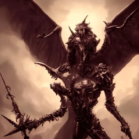 textless, demonic ChristianBale Daemon Angel, anthropomorphic Angel-wings horned, bone armor, holy occult energy