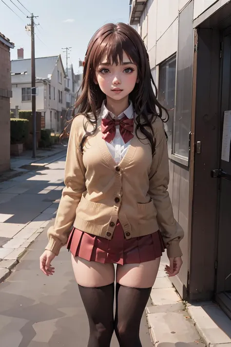 (masterpiece, best quality), 1girl, <lora:kuro:1> red bowtie, brown cardigan, red skirt, pleated skirt, micro miniskirt, black thighhighs
