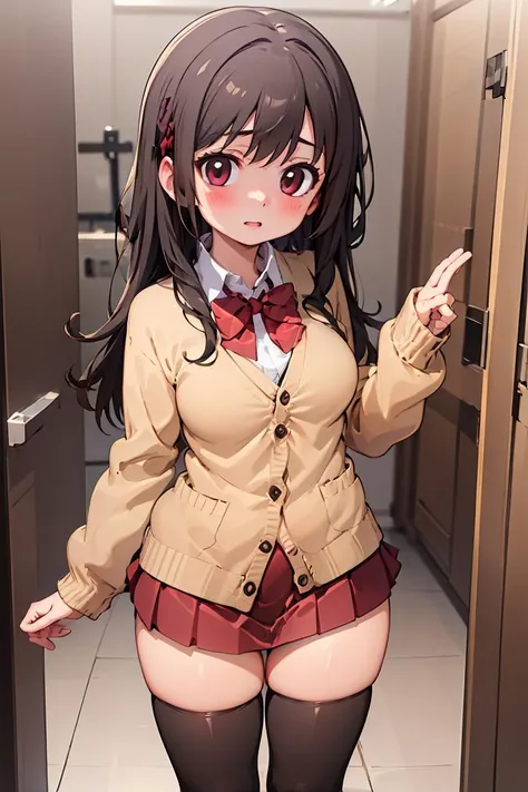 1womanl,Brown hair, ,((Impatient expression)),Beautiful breasts,Sweaters,Pretz skirt,well-styled,,(Facing the front)(((Blushing cheeks、Surprised look)),((())),((( A small amount of ejaculation on the inside of the thigh))),school hallway,