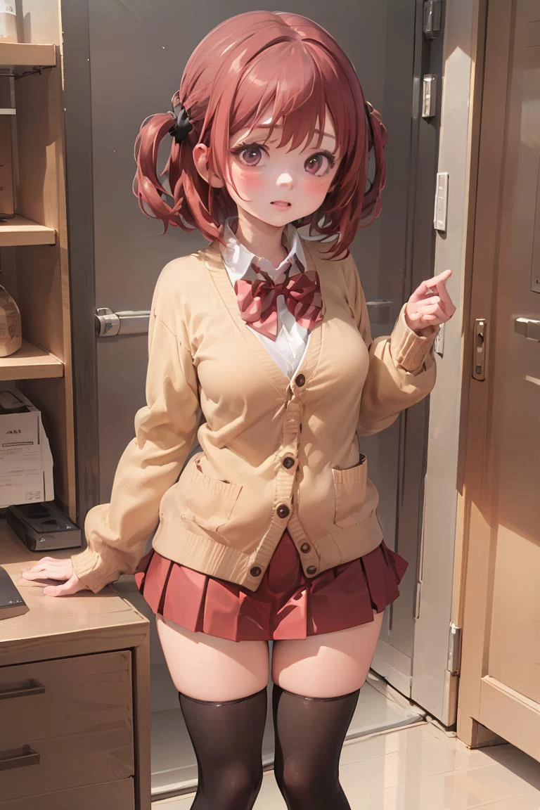(masterpiece, best quality), 1girl, <lora:kuro:1> red bowtie, brown cardigan, red skirt, pleated skirt, micro miniskirt, black thighhighs