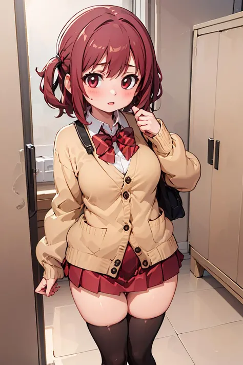 (masterpiece, best quality), 1girl, <lora:kuro:1> red bowtie, brown cardigan, red skirt, pleated skirt, micro miniskirt, black thighhighs