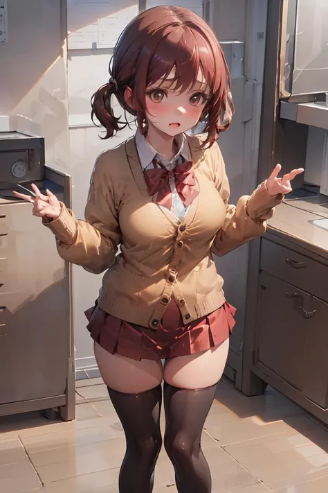 (((masterpiece, Highest quality, High resolution, 超High resolution, Perfect Pixel, Depth of written boundary, 4K, RTTX 10.0))), Beautiful Anime Woman, Beautiful art style, Anime characters, ((Smooth texture, Realistic texture, Anime CG Style)), Exact finger count、Exact number of legs、(Exact number of arms:1.0, Exact number of hands:1.0), (Perfect hands, Perfect Anatomy), Cinematic, Realistic, Extremely detailed CG, Daytime lighting, Perfect lighting, Best Shadow, The best natural light, whole body, Perfect body, Slender body, ((bangs, Dark reddish brown hair, Stylish and cute twin tail hairstyle), Long Hair), (Detailed face, Cute Face), (A grown woman standing with her own hand lifting up her skirt:1.7), (black and white maid outfit, Frilled maid outfit, Knee socks, pumps:1.3)、Angle from the front, ((セクシーでかわいいRed panties:1.3), (Glossy satin panties, Side-tie panties, Lace panties:1.3), (Red panties, garter belt:1.3)), (Beautiful big boobs), (Beautiful and thin thighs:1.3), Feeling embarrassed, (blush:1.2), (Very embarrassed look:1.5), (maid Cafe, Tables and chairs, Many male customers in the background, The male customers are chatting:1.4)