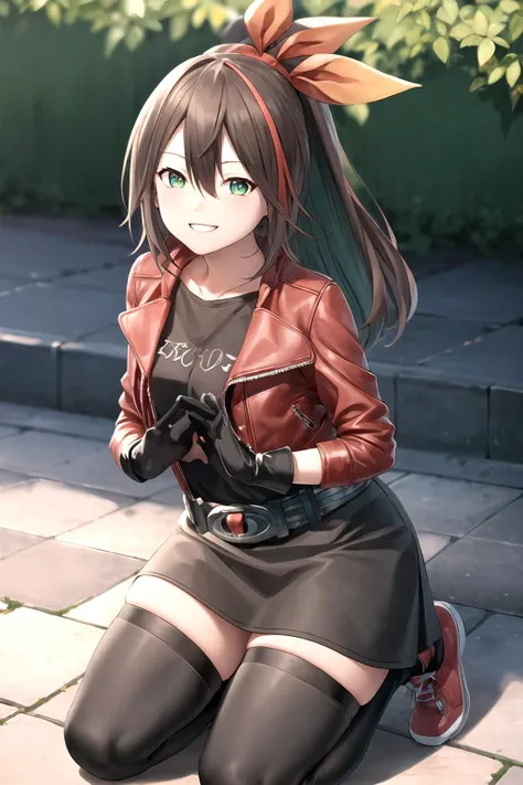 masterpiece, (best quality), vibrant colors ,natural lighting ,RTX, perfect proportions, beautiful, detailed face, (perfect eyes:1.1) ,(photorealistic:1.1), 8k uhd, outdoors, simple background, etna crimson, 1girl, solo, long hair, smile, brown hair, shirt, thighhighs, gloves, bow, hair between eyes, green eyes, jacket, hair bow, hairband, open clothes, shoes, black gloves, belt, grin, black shirt, black skirt, skirt, open jacket, zettai ryouiki, streaked hair, red footwear, red jacket, red thighhighs, Kneeling with hands on the floor, <lora:EtnaCrimson:0.85>