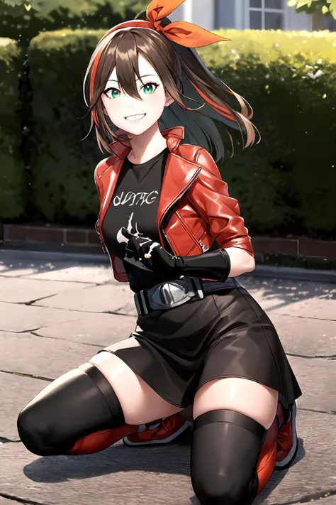 masterpiece, (best quality), vibrant colors ,natural lighting ,RTX, perfect proportions, beautiful, detailed face, (perfect eyes:1.1) ,(photorealistic:1.1), 8k uhd, outdoors, simple background, etna crimson, 1girl, solo, long hair, smile, brown hair, shirt, thighhighs, gloves,  bow, hair between eyes, green eyes, jacket,  hair bow, hairband, open clothes, shoes, black gloves, belt, grin, black shirt, black skirt, skirt, open jacket, zettai ryouiki, streaked hair, red footwear, red jacket, red thighhighs, Kneeling with hands resting on lap,  <lora:EtnaCrimson:0.85>