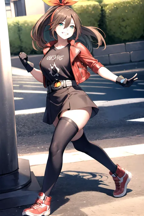 masterpiece, (best quality), vibrant colors ,natural lighting ,RTX, perfect proportions, beautiful, detailed face, (perfect eyes:1.1) ,(photorealistic:1.1), 8k uhd, outdoors, simple background, etna crimson, 1girl, solo, long hair, smile, brown hair, shirt, thighhighs, gloves, bow, hair between eyes, green eyes, jacket, hair bow, hairband, open clothes, shoes, black gloves, belt, grin, black shirt, black skirt, skirt, open jacket, zettai ryouiki, streaked hair, red footwear, red jacket, red thighhighs, Dancing with one hand extended outwards, <lora:EtnaCrimson:0.85>