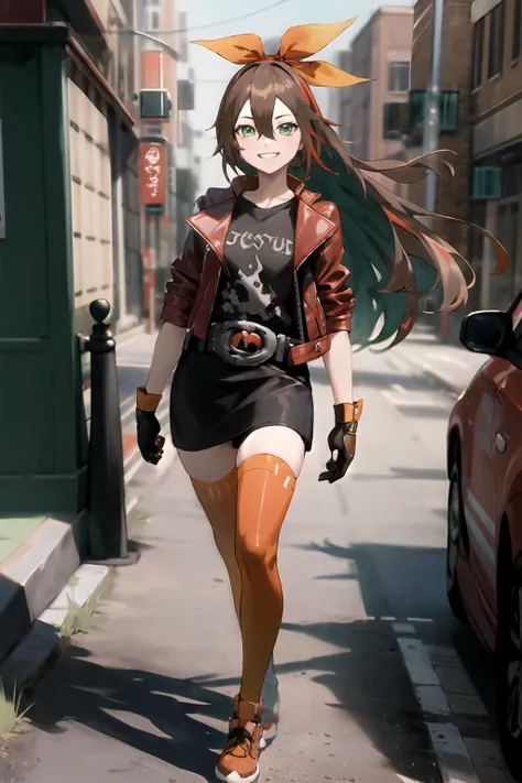 masterpiece, (best quality), vibrant colors ,natural lighting ,RTX, perfect proportions, beautiful, detailed face, (perfect eyes:1.1) ,(photorealistic:1.1), 8k uhd, outdoors, simple background, etna crimson, 1girl, solo, long hair, smile, brown hair, shirt, thighhighs, gloves,  bow, hair between eyes, green eyes, jacket,  hair bow, hairband, open clothes, shoes, black gloves, belt, grin, black shirt, black skirt, skirt, open jacket, zettai ryouiki, streaked hair, red footwear, red jacket, red thighhighs, Standing with one foot on tiptoe,  <lora:EtnaCrimson:0.85>