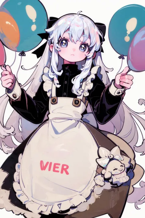 masterpiece, best quality, extremely detailed, detailed background, detailed face, 1girl, balloon, long hair, dark skin, solo, dark-skinned female, holding, bow, dress, hair bow, looking at viewer, holding balloon, white background, wings, bangs, long sleeves, english text, white hair, simple background, apron, very long hair, closed mouth, grey eyes,