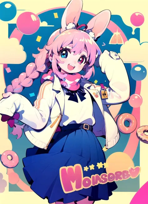masterpiece, best quality, extremely detailed, detailed background, detailed face, 1girl, heterochromia, skirt, pink hair, scarf, blue eyes, braid, twin braids, animal ears, smile, rabbit ears, food, pleated skirt, rabbit, red eyes, open mouth, solo, long sleeves, doughnut, blue skirt, bangs, long hair, white shirt, shirt, :d, looking at viewer, teeth, jacket, confetti, bow, fake animal ears, >_<, upper teeth only, ribbon, open clothes, white jacket, sleeves past wrists, heart, <lora:r128dim-epoch-000008:1>