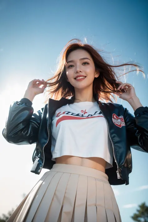 moody instagram photo, lower body photo of 20 years girl, from below, dressed in a retro bomber jacket a tshirt and a pleated skirt, teasing nudity, dirty fiery red hair, color gradient, bright tips of hair, sun-kissed skin, happy, cute smile, beautiful hazelnut eyes, hard shadows, overexposed filter, silhouetted against the bright light