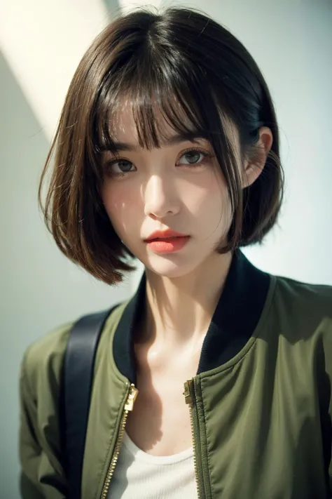 portrait, hard candy, playful face, (green eyes:0.5), ((dark scene, soft lighting:1.3)), bobcut hair with bangs, glossy lips, olive green retro bomber jacket, ((polaroid photo)),
