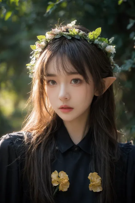 photography of a gothic elf,upper body,green hair,perfect eyes,intricate details,forest,realism,raw photo,<lora:add_detail:0.8>,<lora:MengX girl_Mix_V40:0.8>,glowing,night,cowboy shot,epic scenery,vibrant colors,flower crown,expressionism,imaginative,sharp focus,starry eyes,glowing flower,light particles,soft light,haze,(each tree gave off a faint glow of fluorescence),glitter,shiny,panicking,fear,worried,frightened,aggrieved,delicate,pitiful,frown,
