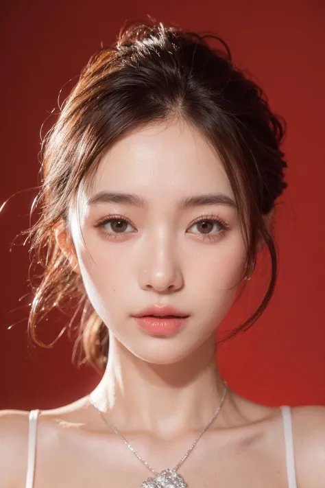 (masterpiece, high quality, fisheye:1.2),(close-up portrait:1.1),solo,model photoshoot,(red theme:1.1),a stylish girl,red hair,silver eyes,red lipstick,red eye shadow,blush,(freckles:0.7),(european, 22 years old:1.3),sexy,pure innocence,(light smile:0.8),whore vibe,in love,simple red dress,cleavage,detailed natural skin texture,seductive gaze,detailed lighting,(red:1.1) wall background,shallow depth of field,romantic setting,dreamy pastel palette,whimsical details,captured on film,nsfw,(intricate details:0.5),