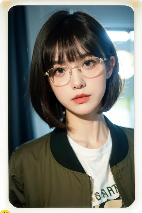 hard candy, playful face, (green eyes:0.5), ((dark scene, soft lighting:1.3)), bobcut hair with bangs,  glossy lips, olive green retro bomber jacket,  ((polaroid photo)), thick acetate glasses