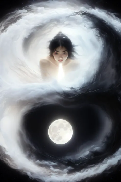 wabstyle,glowing,two-tone hair,fog,mist,white,black,split theme,two-tone,(((2girls))),<lora:wabstyle:0.9>,navel,halo,heterochromia,black and white eyes,black and white theme,cloud,scholarly,bunches,full body,entangled,moon,night,facing_away,asymmetrical_docking,eye_contact,hug,imminent_kiss,shy,blush,happy,<lora:æ¯æ¶²:0.6>,<lora:æ³å
:0.3>,