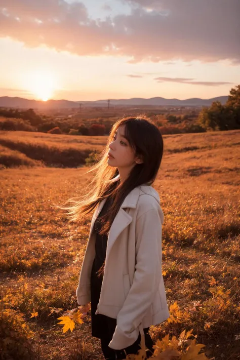 1girl,maple_leaf,fallen leaves,in autumn,the wind,white and red theme,cowboy shot,sad,depth of field,sunset,sunset shimmer,