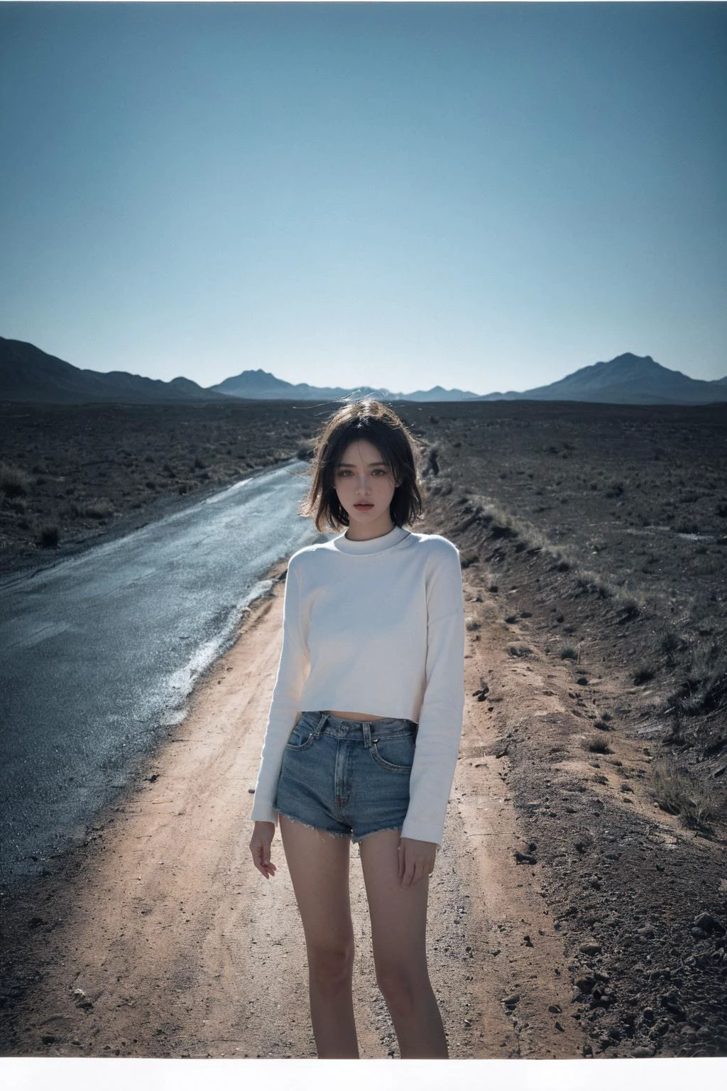 A luminous woman in a desolate yet cosy landscape,illustrating the human perfect figure on an abandoned road in the middle of the desert,surrounded by an intimate and emotive atmosphere,creating a hyperpunk scene with desaturated dark red and blue details,colorful (polaroid:0.8) with vibrant colors,(vacations, high resolution:1.2),(small, selective focus, surreal film:1.2),<lora:MengX girl_Mix_V40:0.8>,depth of field,(cinematic tone:1.2),dramatic lighting,sharp focus,(warm color palette:1.1),