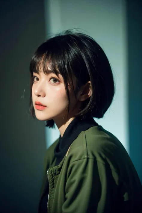 portrait, hard candy, playful face, (green eyes:0.5), ((dark scene, soft lighting:1.3)), bobcut hair with bangs, glossy lips, olive green retro bomber jacket,