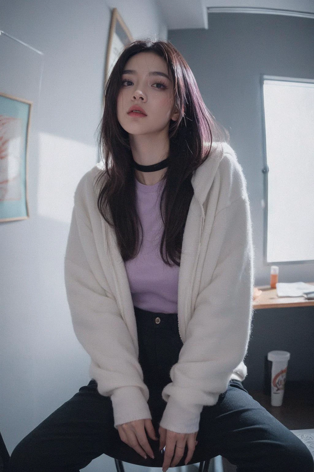 raw photo,a cute afraid girl,stacked bob,purple hair,air bangs,20 years old,curl mascara,glitter eyeliner,buff,choker,realistic skin texture,oversize hoodie,(Army Green:0.8),hardcore,cold lighting,morbid atmosphere,instagram style,fashion (ramen shop:1.1),(sfw:0.9),highly detailed photography,(muted colors, cinematic, dim colors, soothing tones:1.2),vibrant,insanely detailed,hyperdetailed,(dark shot:1.2),(vsco:0.3),<lora:MengX girl_Mix_V40:0.8>,straddling on chair,fisheye,middle_finger,