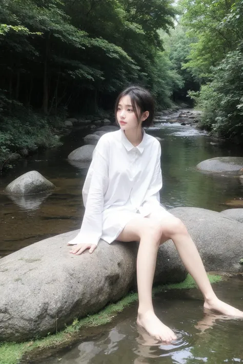There is a girl sitting on a leaf, (white clothes), fresh color scheme, there is a plush toy, Guvez style artwork, popular on cgstation, illustrated by Li Song, soft anime, lying on a water lily mat, sitting on a lotus flower, cute and meticulous digital art, cute art style, in the pond, Yang J, cute digital art, Guvitz, sitting by the pond
