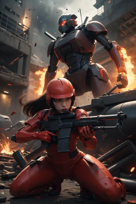 1girl,red and black theme,holding weapon,war,submachine gun,open fire,splatted stones,flame,tragic,an epic battlefield,motion blur,mecha,aiming,sniper,on roof,