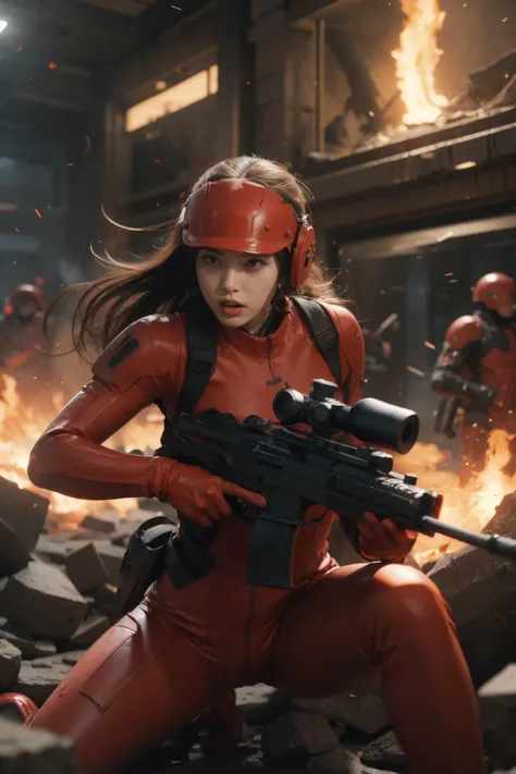 1girl,red and black theme,holding  weapon,war,submachine gun,open fire,splatted stones,flame,tragic,an epic battlefield,motion blur,