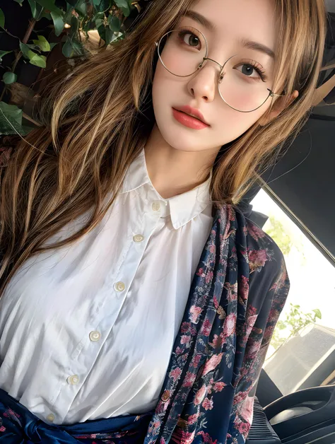 highres, masterpiece, perfect ligthing, bloom, cinematic lighting, adult, mature, perfect skin, glasses, breasts out, long hair, from below