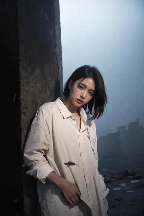 colorful,((1girl)),(masterpiece, cloud, water, best quality, ultra high res, photorealistic, realistic, raw photo, real person, photograph),(amazing, finely detail, an extremely delicate and beautiful, sharp focus),light and shadow,cinematography,contour light,intense brightness and darkness,dusk,details,(morning fog:1.2),(smog:1.2),depth in field,bokeh,empty eyes,dirty face,scars on the face,torn clothes,feeling helpless,arcuate solitary,confused,ruins,destroyed buildings,cowboy_shot,