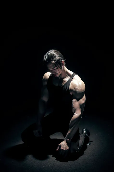 strong man,muscular,fashion hair,(dark theme,in the dark,deep shadow:1.2),kneeling,closed eyes,repent,head_down,monochrome,black and white theme,