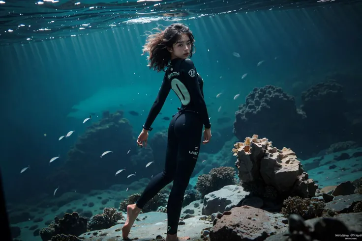 full shot, (1girl), (solo), dynamic angle, masterpiece, Realistic , beautiful detailed hands, realistic lighting, ultra detailed, (disheveled hair:1.4), from behind, high quality, 17 years old asian girl, (wetsuit), small chest, a skinny figure, fullbody photograph, <lora:submergedv2:0.75>, underwater