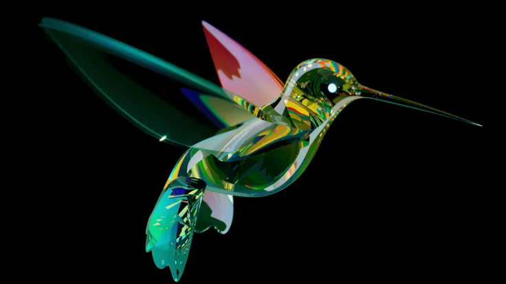 a colorful humming bird made of glass flying through the air with a black background in the background and a black background in the foreground, light caustic, Beeple, cinema 4 d, a raytraced image, holography, motion blur, detailed, crystal,