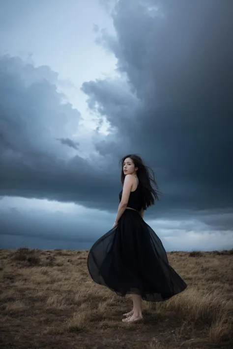 Picture a vast grassland where a girl stands,her expression emotionless,eyes fixed on the horizon where a storm brews under a gloomy sky. The strong winds set her hair into a wild dance,adding dynamism to the somber scene. The distant storm seems to mirror her inner turmoil,creating a narrative that's haunting yet beautiful. As the storm draws nearer,one wonders about the thoughts swirling in her mind. This photo,captured in the style of award-winning photographer Yousuf Karsh with a Hasselblad H6D-400c and a 90mm lens,features dramatic and cinematic lighting. The image is in 8K,ultra-HD,super-resolution,offering a glimpse into a moment of intense emotion and natural power,