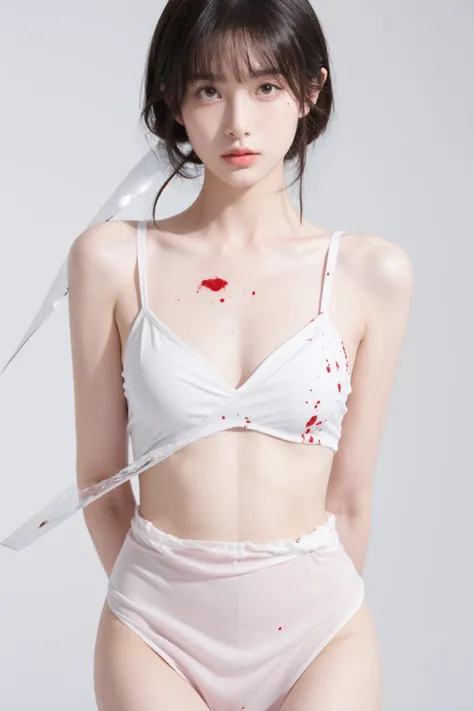 1girl,masterpiece,official art,unity 8k wallpaper,ultra detailed,beautiful and aesthetic,best quality,intricate details,cowboyshot,portrait of a girl in the style of minimalism,her body wrapped in transparent plastic,saran wrap,cling film,tied,bound inside a transparent plastic,blood spatter,small breast,nipples visible,((white background with blood spatter,)) vintage muted colors,blood and knife,holding a knife,<lora:MengX girl_Mix_V40:0.9>,