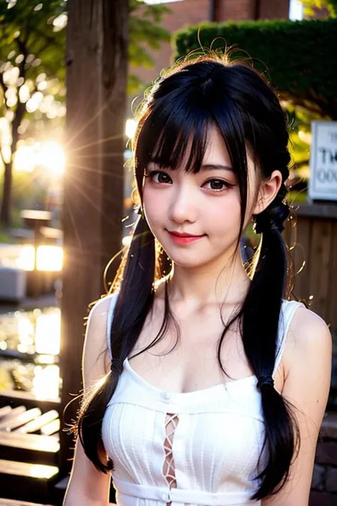 best quality, ultra high res, (photorealistic:1.4), cinematic lighting, <lora:Yaorenmao:0.6>, long hair, bangs, upper body, light smile, twintails, detailed dress, outdoor, sunny,
