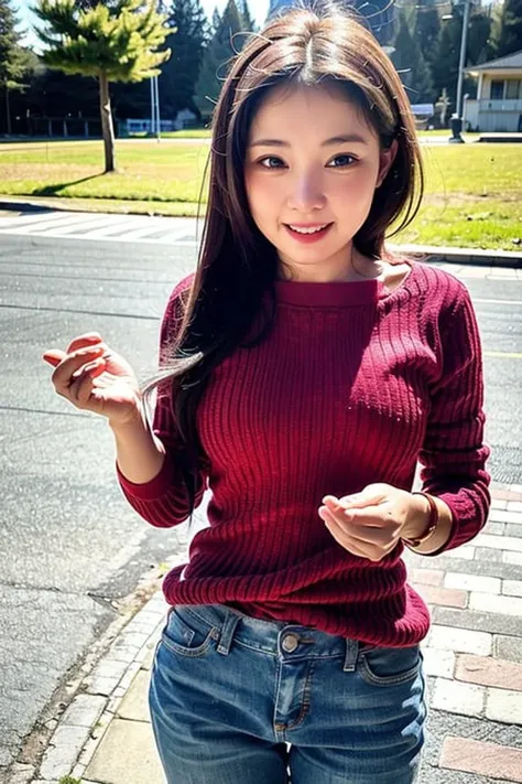 best quality, ultra high res, (photorealistic:1.4), <lora:Yaorenmao:0.8>, 1girl, cowboy shot, (laughing:0.5), selfie, sweater, jeans