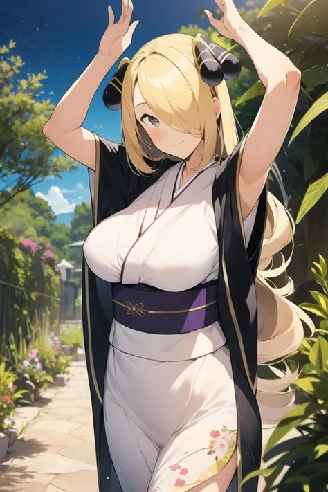 (masterpiece, best quality), 1girl, solo, looking at viewer,
<lora:ikuchan_kaoru cynthia:0.8>, cynthia, blonde hair, hair ornament, bangs, hair over one eye, wavy hair, long hair, grey eyes, large breasts,
dunes, calcite deposit,insect chorus,avenue,corbel,
kimono, japanese clothing, sash, colorful clothing, floral print, frills, <lora:colorful_dress:0.5>, colorful_dress,
blush, closed mouth,
rabbit pose, arms up,