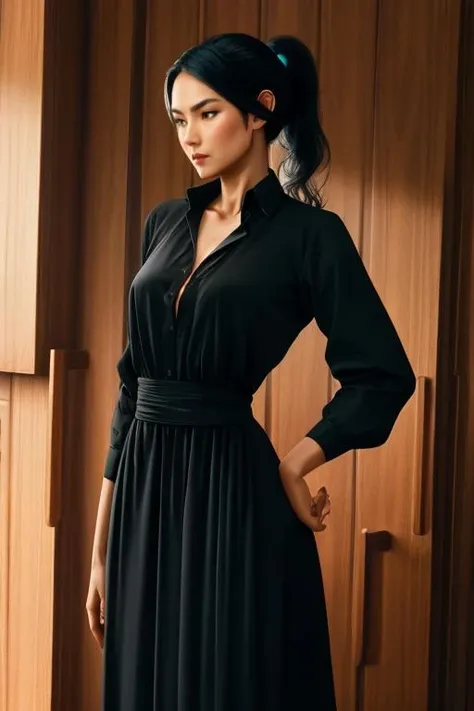 best quality,highres,photorealistic,solo focus,cowgirl position,<lora:Natasha Liu:0.6>,black_hair,ponytail,long dress,