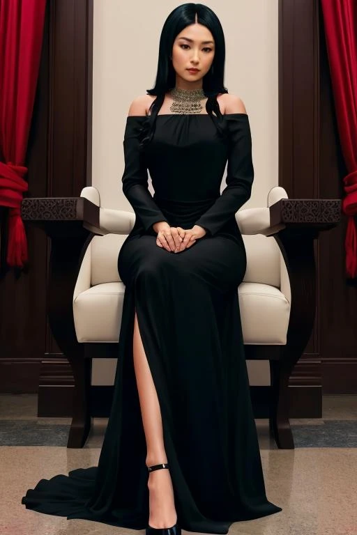 best quality,highres,photorealistic,solo focus,full body,<lora:Natasha Liu:0.6>,black_hair,long dress,sitting,