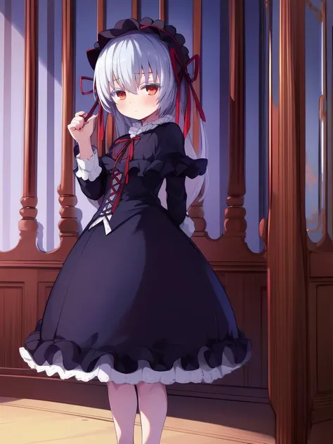 <lora:Lieselotte_Achenbach:0.8>Lieselotte, 1girl, dress, solo, gothic fashion, blue silver hair, frills, hairband, child, gothic room, under body, blush, standing,
masterpiece, high quality, very_high_resolution, large_filesize, full color,