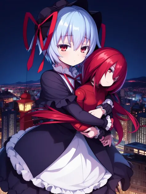 <lora:Lieselotte_Achenbach:0.8>,  Lieselotte, 1girl, soro, blue_hair, red_eyes, short_hair, bow, ribbon,  child,
gothic costume, city, night, and, doll, red hair, Hug,
masterpiece, high quality, very_high_resolution, large_filesize, full color,
